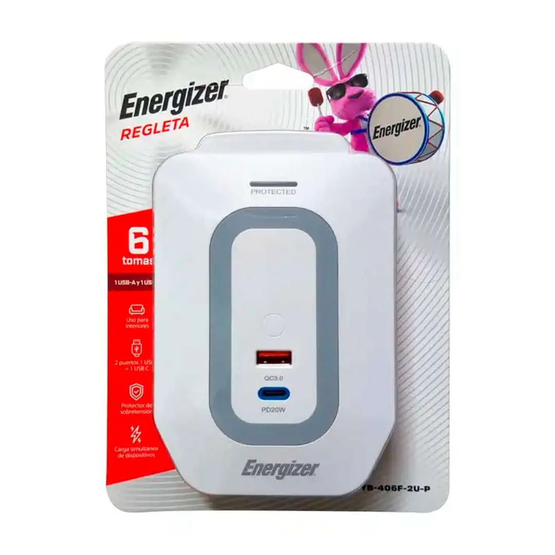 Regleta Energizer - 6 Tomas / 1 USB-A / 1 USB-C - YB-406F-2U-P