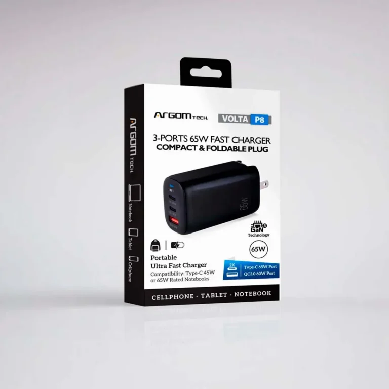 Cargador de pared Argom Tech Volta P8 de 65 W GaN III con puertos USB-Cx2 + USB-A y enchufe plegable ARG-AC-0126BK – imagen 3